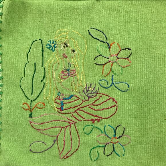 Otomi Napkins 4 Hand Embroidered Set Tenangos Green Deer Mermaid Duck & Fish - Picture 4 of 11